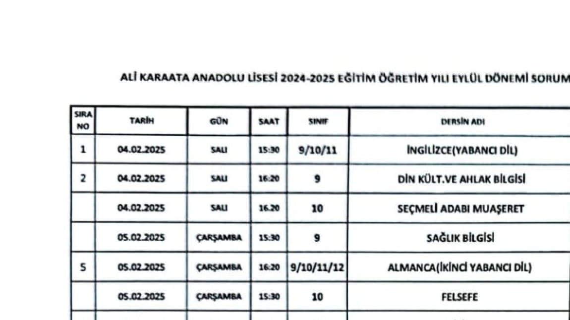 Şubat Ayı Sorumluluk Sınav Takvimi